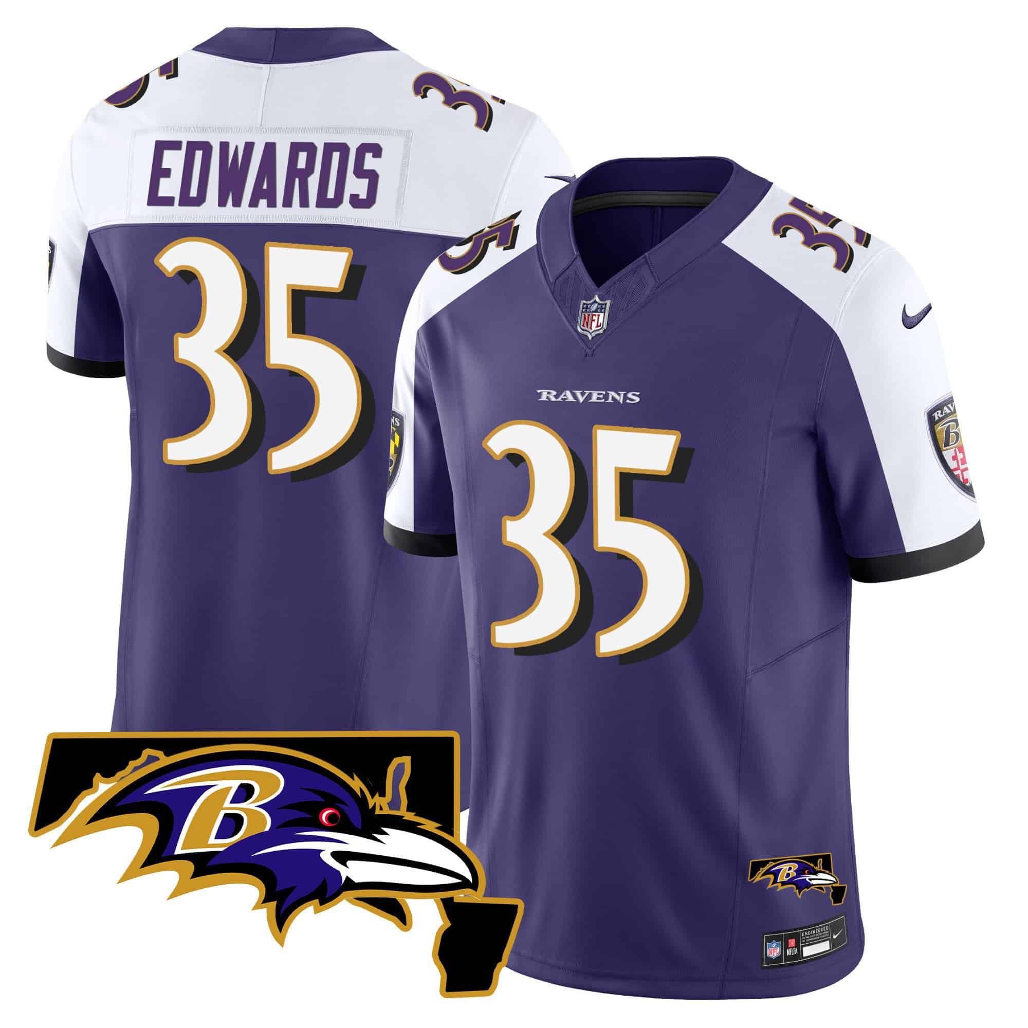 Men Baltimore Ravens #35 Edwards Purple 2024 Nike Maryland Patch Vapor Limited NFL Jersey